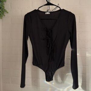 Free People bodysuit black tie ribbed small long sleeve Intimately stretch
